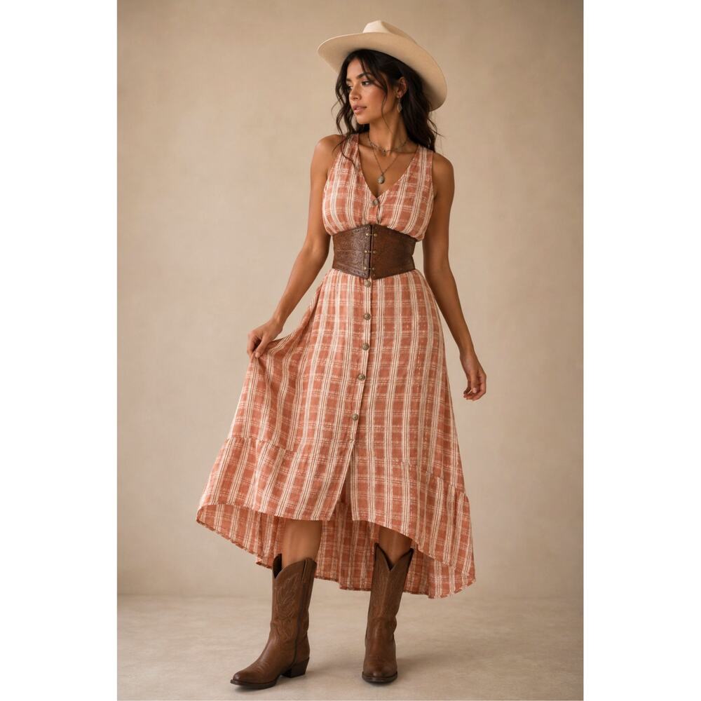 Peach Button Front Dress Large Coastal Cowgirl Boho Prairie Striped Plaid